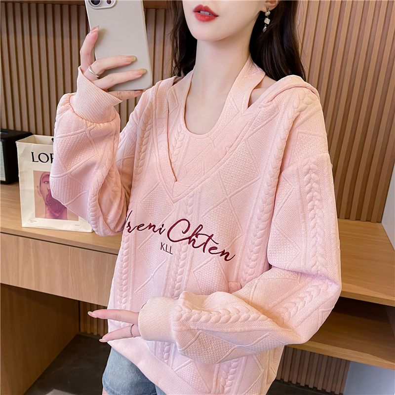 Real shot of Korean loose spring and autumn style embroidered fake two-piece jacquard hooded sweatshirt for women