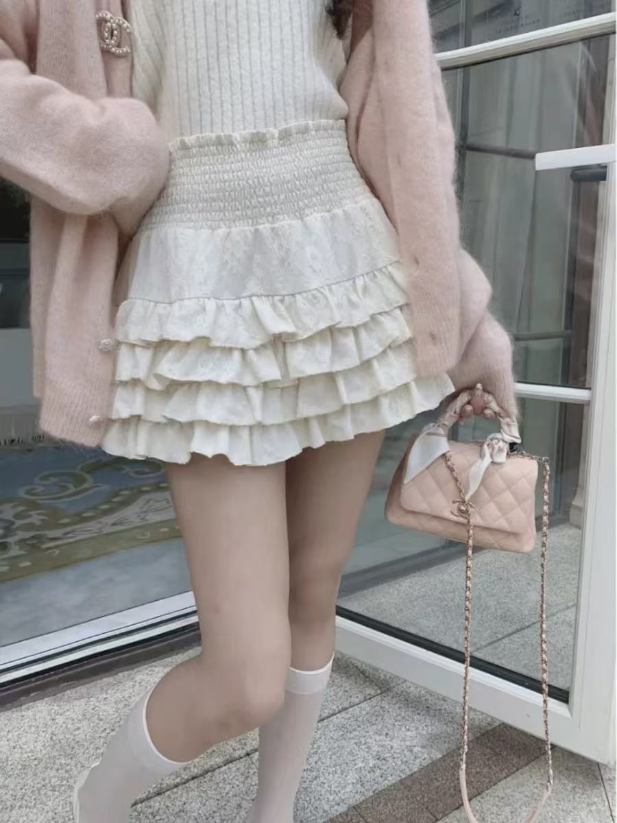Non-real photo cake skirt summer new A-line sweet and spicy skirt lace fluffy high-waisted skirt pants prevent exposure