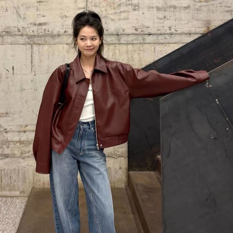 Leather jacket for women high-end 2025 new women's early spring casual short small red leather jacket top