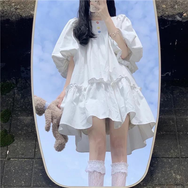 夏季新款韓版日系學院風泡泡袖連衣裙女學生甜美小清新a字裙子ins