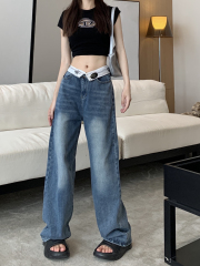 實拍！！！復古牛仔褲腰頭翻邊寬鬆闊腿褲子簡約休閒直筒褲子