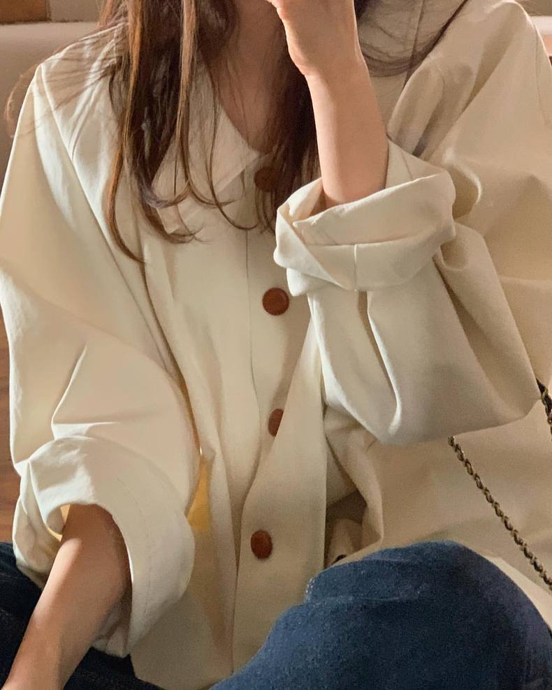 Korean chic spring French simple lapel oversize loose casual solid color versatile long-sleeved shirt top