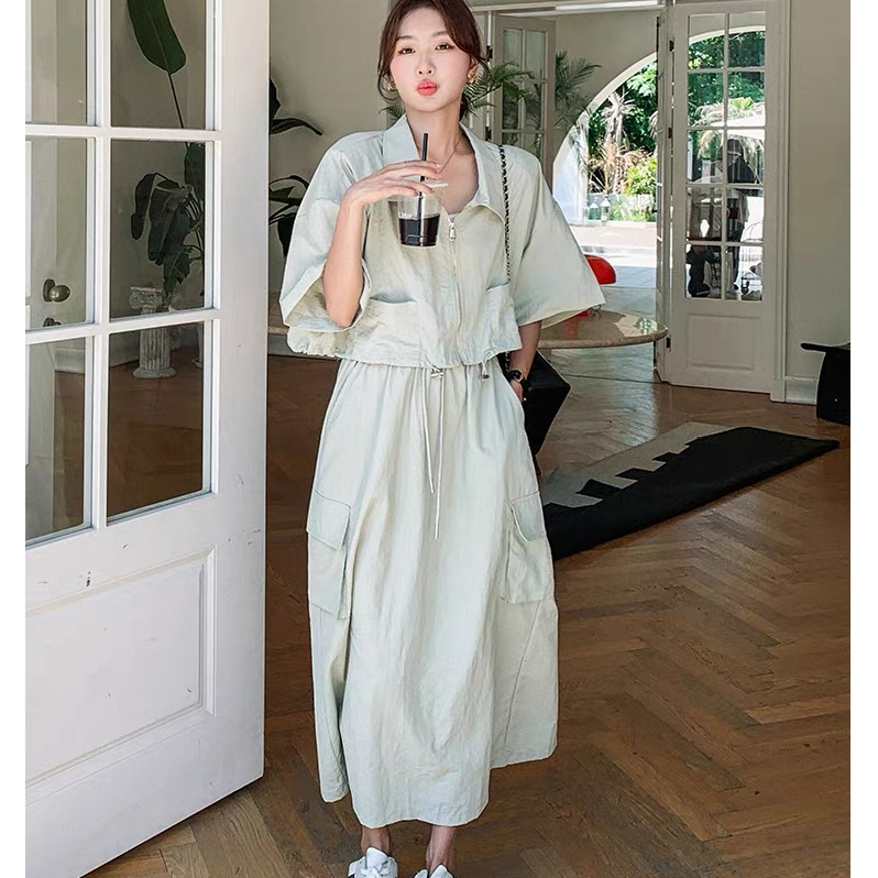 Korean summer new retro small top casual work style thin skirt two-piece set for women
