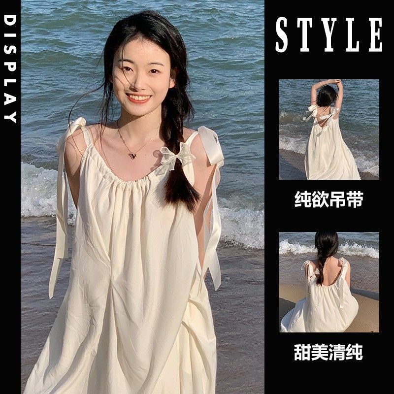 圓領系帶刺繡無袖連衣裙寬鬆氣質小清新旅遊風文藝風格A字背心裙