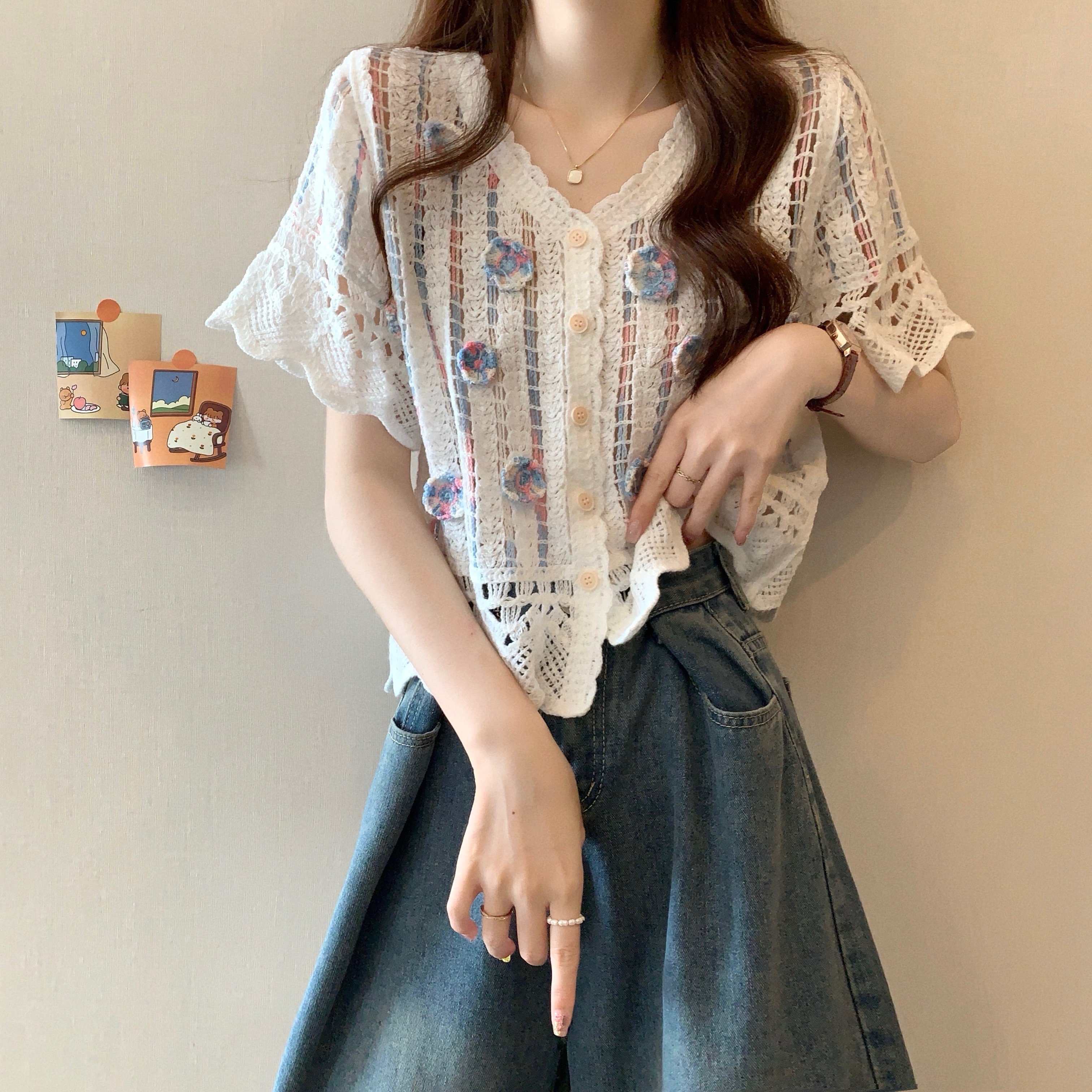 Real shot, new version of retro summer embroidery hollow color block design short-sleeved top