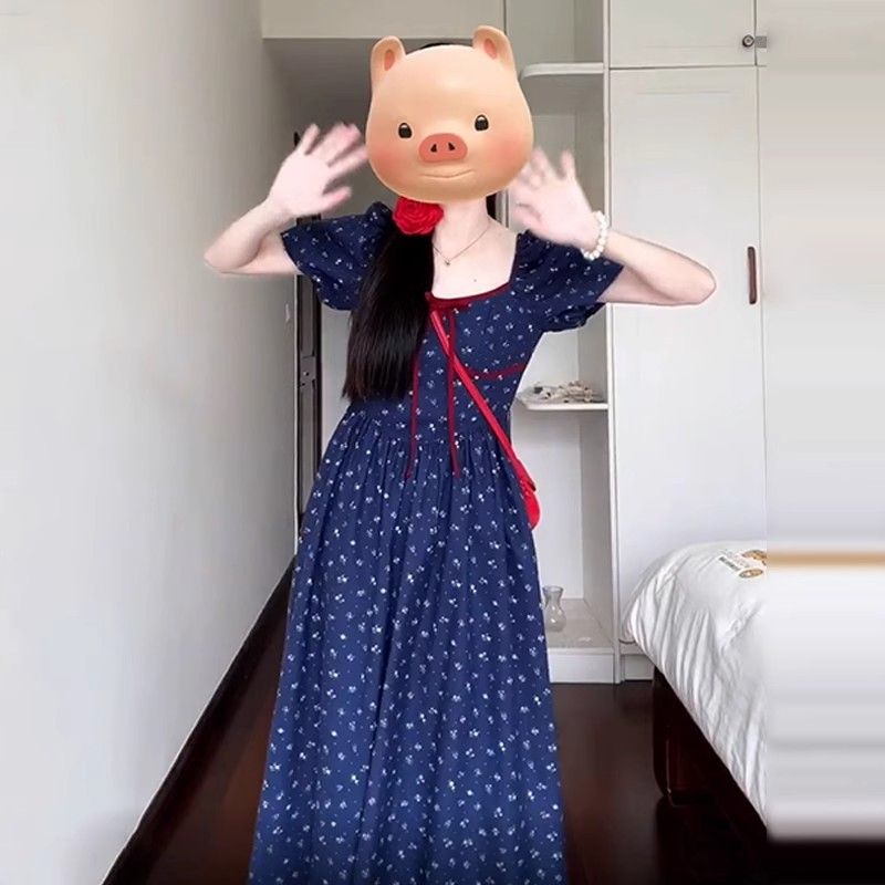 茶歇法式藍色碎花連衣裙子女夏季2025新款小個子氣質收腰顯瘦長裙