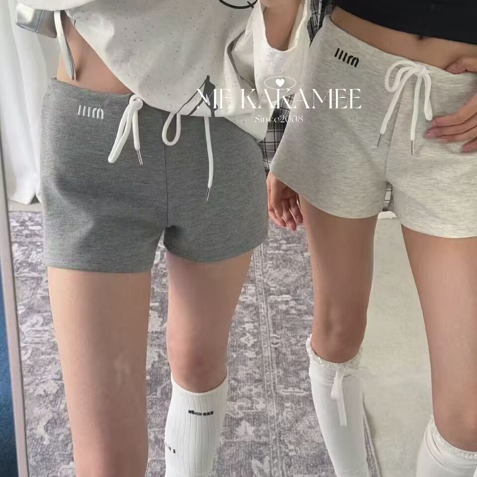 刺繡闊腿短褲女夏季休閒褲辣妹抽繩直筒褲子居家百搭高腰a字熱褲