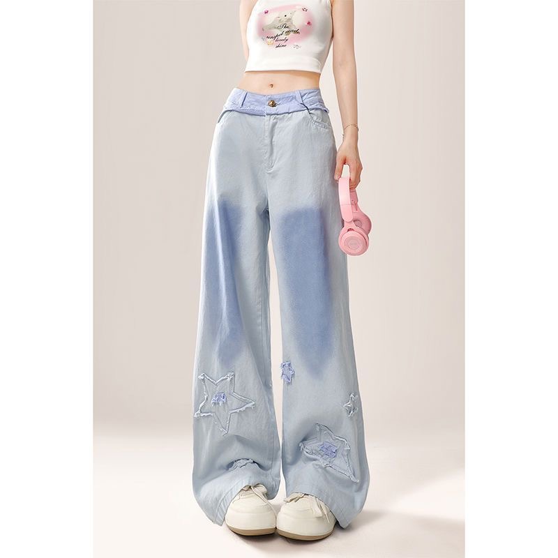 Korean Dopamine Star patch gradient jeans for women's summer new loose straight wide-leg floor pants