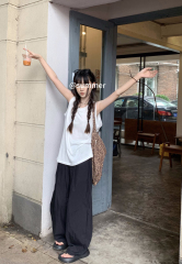Real shot of white vest wearing lazy sleeveless vest high waist wide-leg casual pants