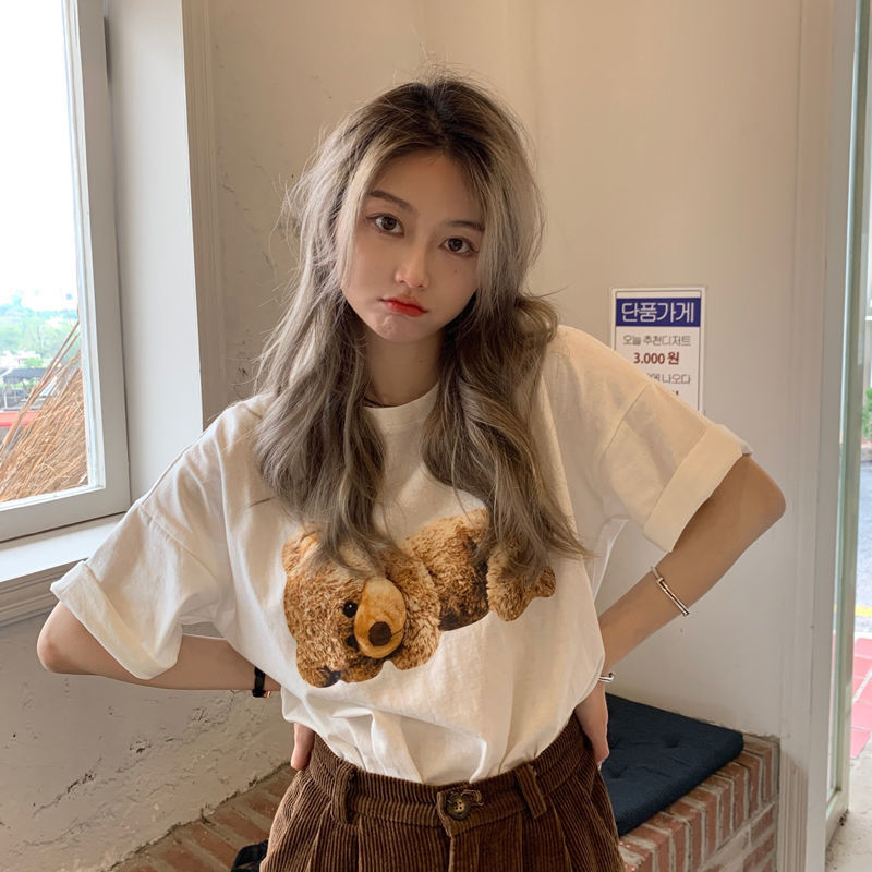 Fun cartoon teddy bear printed short-sleeved T-shirt women's loose half-sleeved top