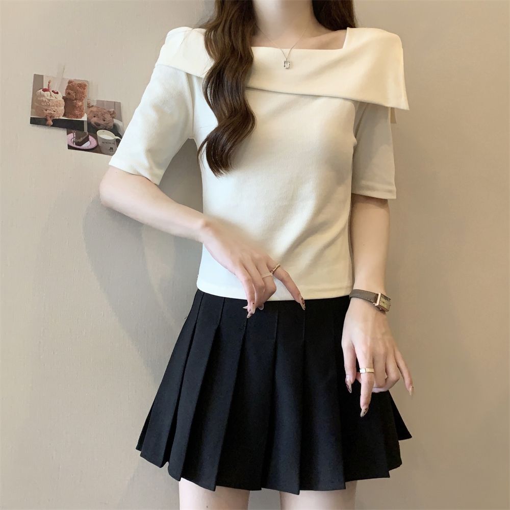 Real shot 40 pure cotton 210g 92 cotton/8 spandex short-sleeved T-shirt for women one shoulder