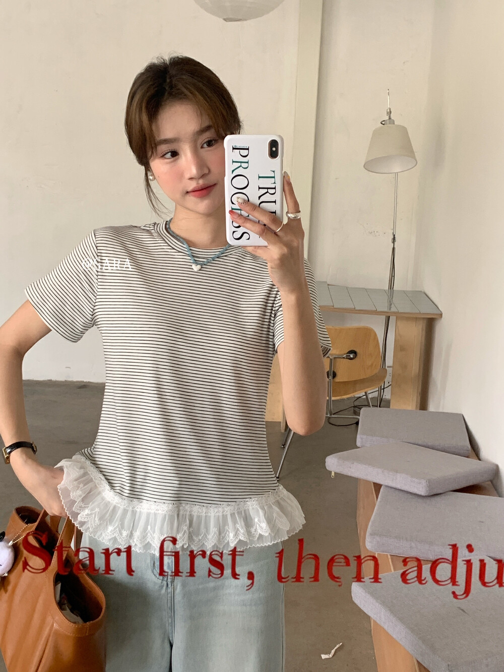 韓系蕾絲拼接條紋短袖t恤女2025春季新款設計感顯瘦打底上衣