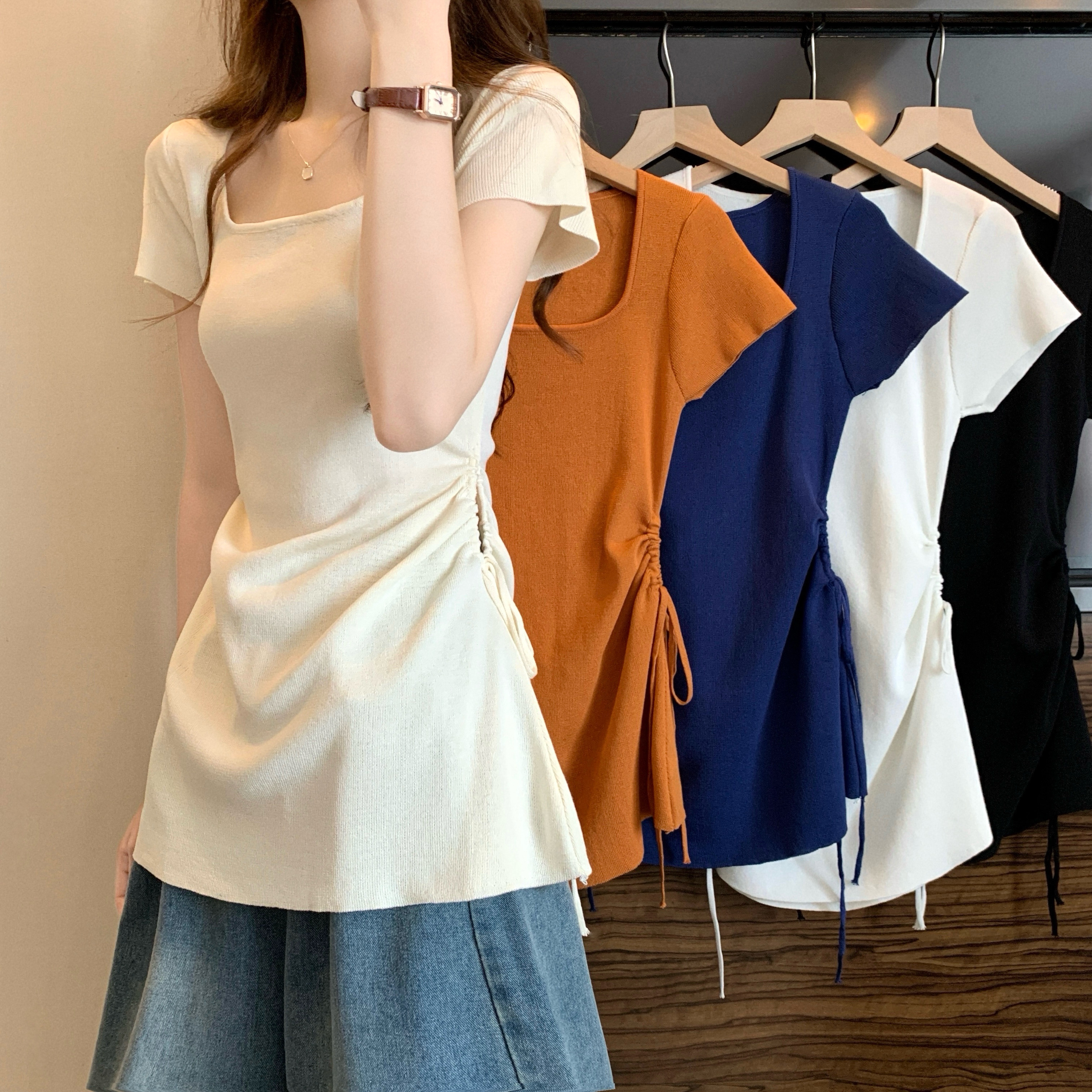 Real shot, new Korean style design, side pleated strap short-sleeved knitted sweater