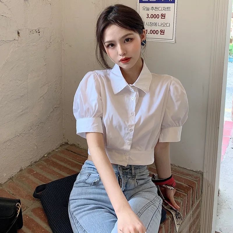 Official photo 2025 summer new puff sleeve shirt for women loose and versatile white short short sleeve top for women