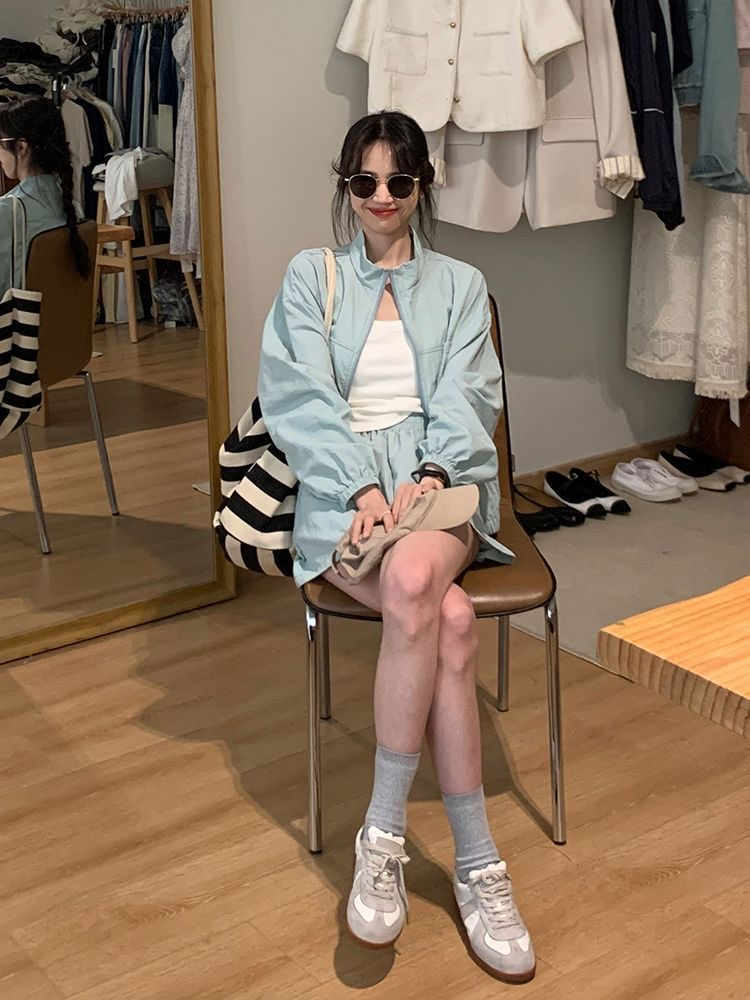 New Korean style fashion casual sports suit for summer season for women's sun protection loose slimming jacket and shorts two-piece set