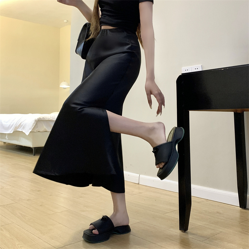 Real shot, fashionable and elegant acetic acid slit mid-length skirt, high waist elastic slim droopy fish tail skirt, hip-cover skirt
