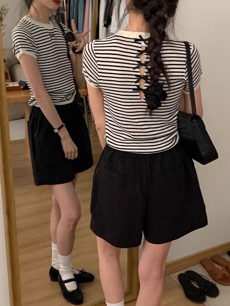 YNVN韓系蝴蝶結後背綁帶條紋短袖T恤女圓領套頭百搭針織上衣夏季