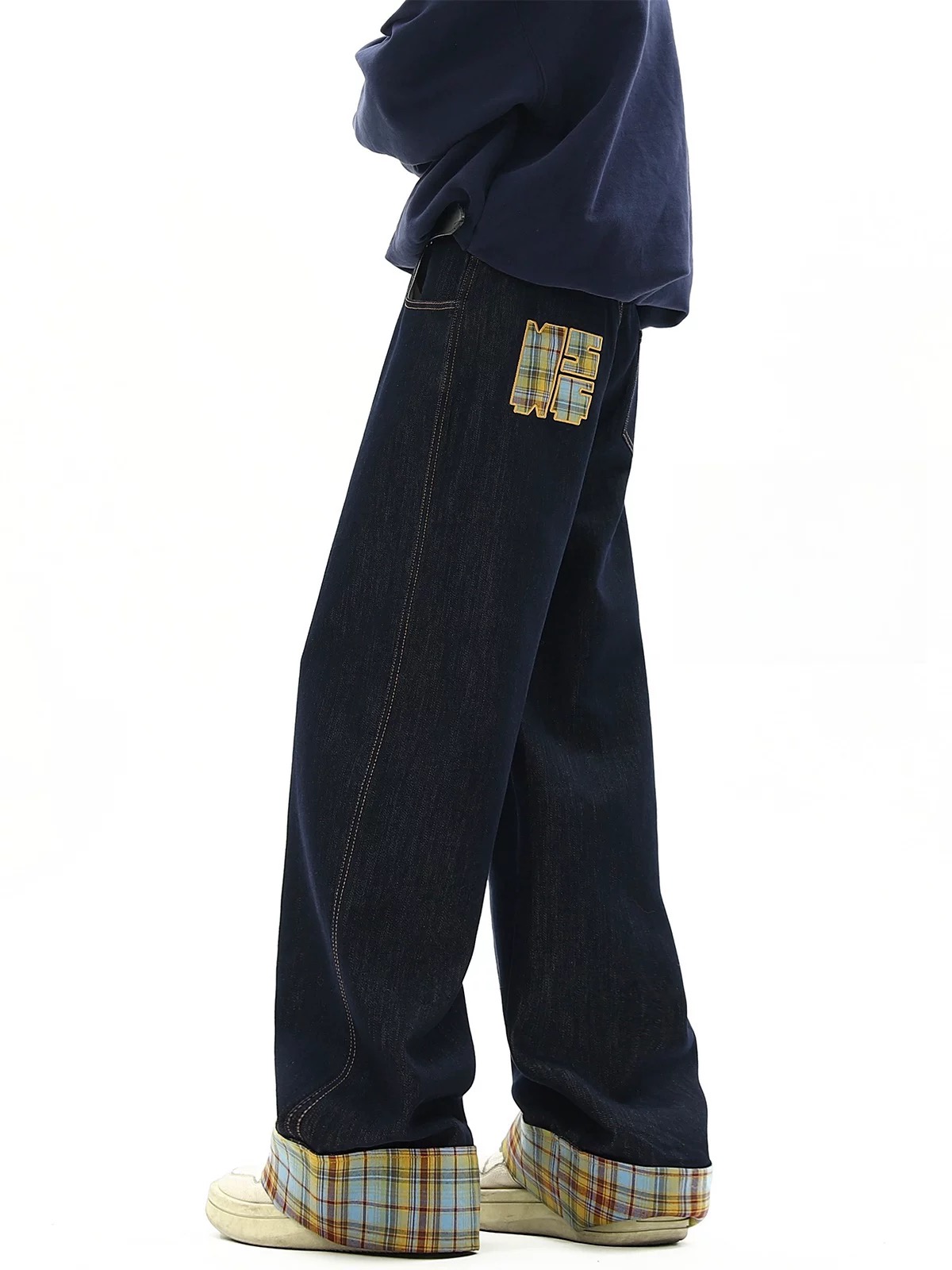 Korean plaid spliced ​​curly jeans for men and women summer niche design wide-leg pants loose straight trousers trendy