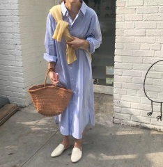 韓版百搭小清新條紋Polo領單排扣oversize長款襯衫式連衣裙