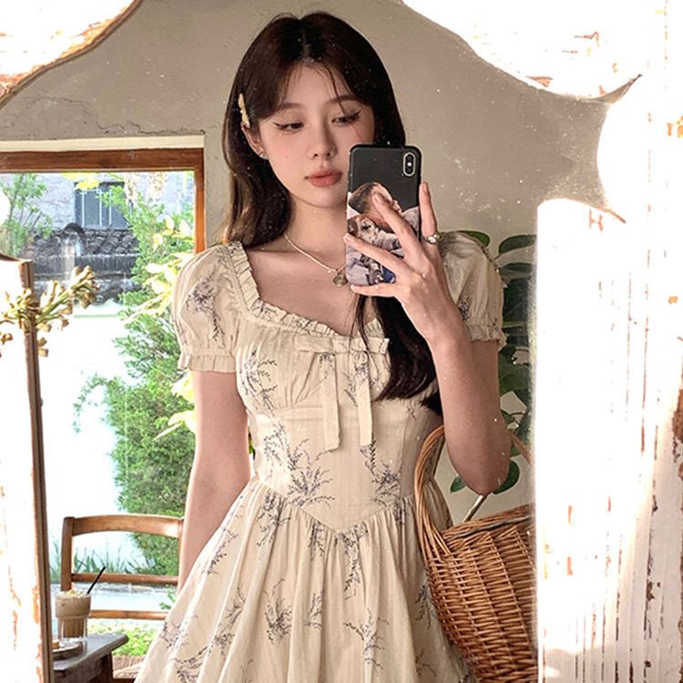 French niche design bow floral dress for women 2025 new summer waist-hugging temperament small skirt