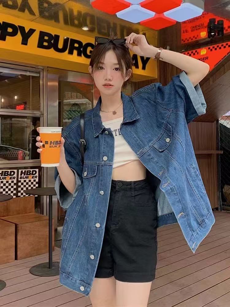 Korean Polo neck loose denim short-sleeved jacket for women in summer new retro style design versatile slim top