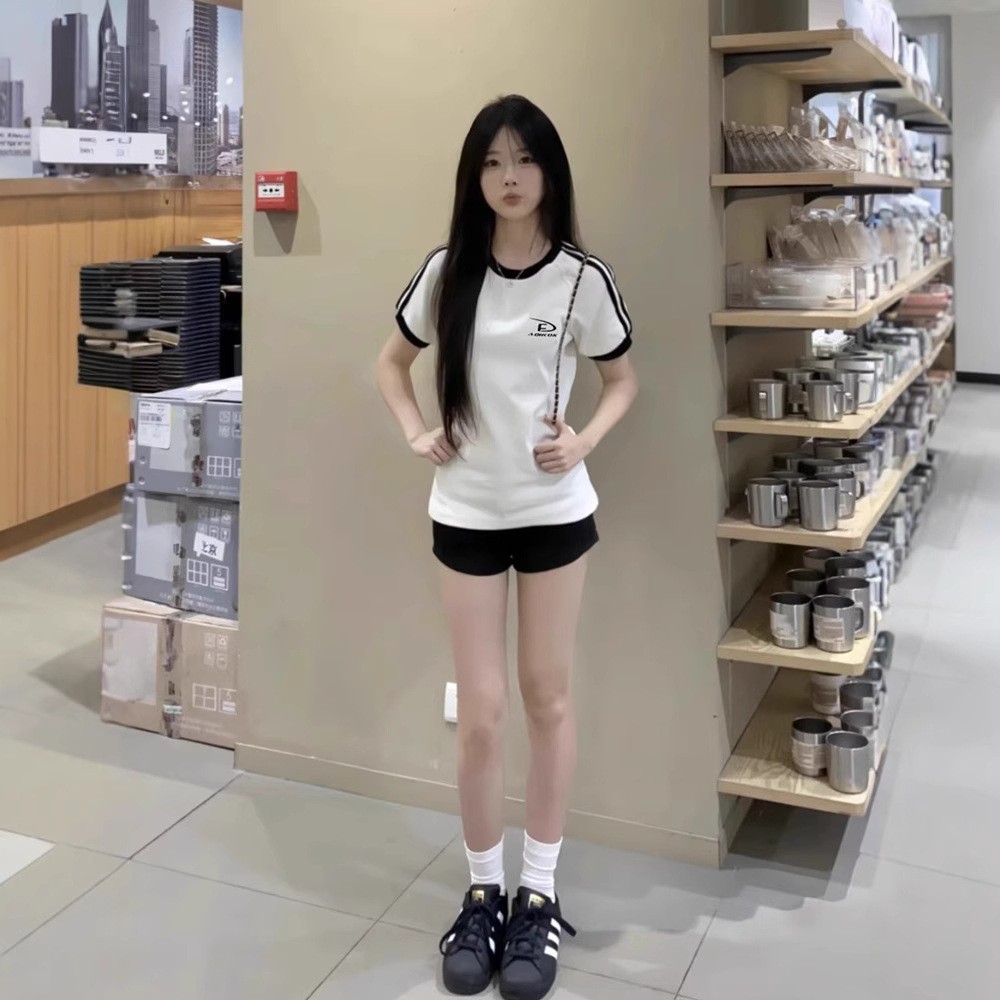 純棉 韓國chic夏季新款修身顯瘦經典條杆美式印花辣妹正肩短袖t恤