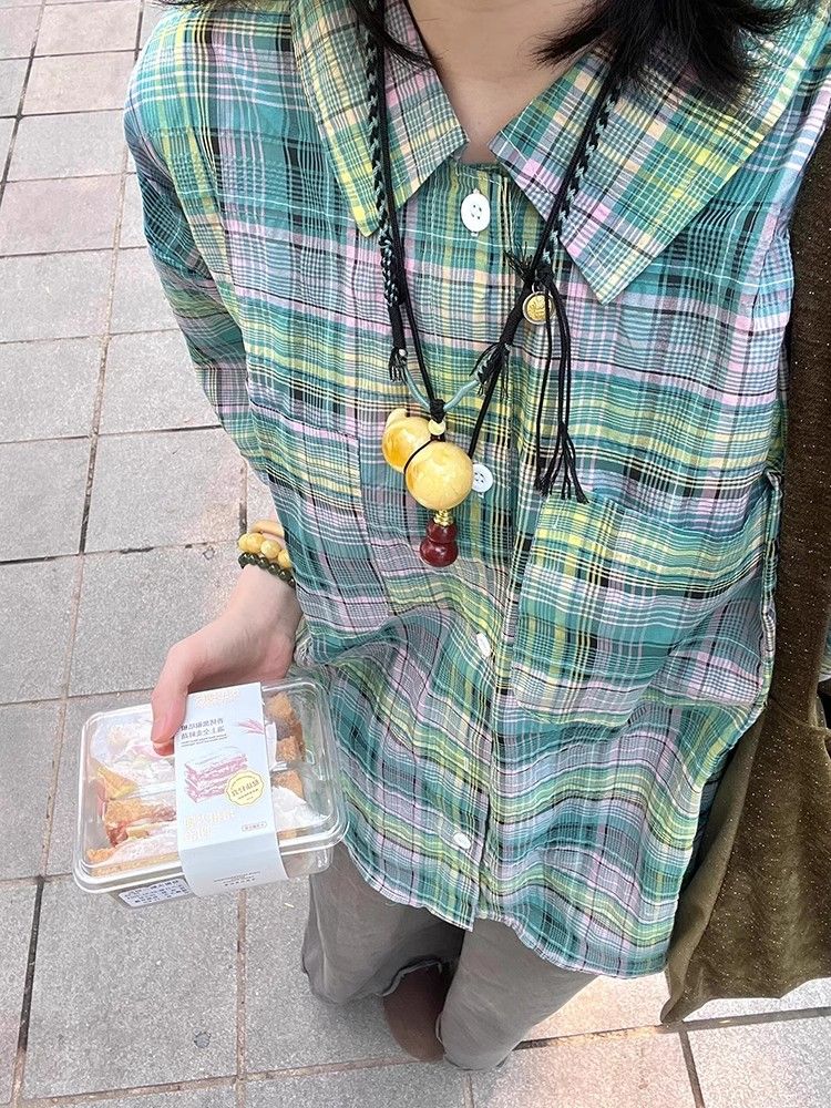 純棉2025夏季新款日系復古短袖格子襯衫女寬鬆男女同款休閒襯衣潮