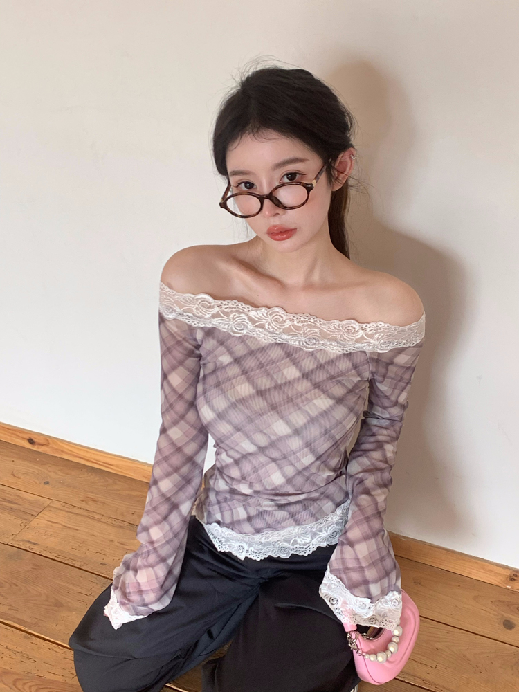 Real shot of lace plaid hot girl irregular versatile top