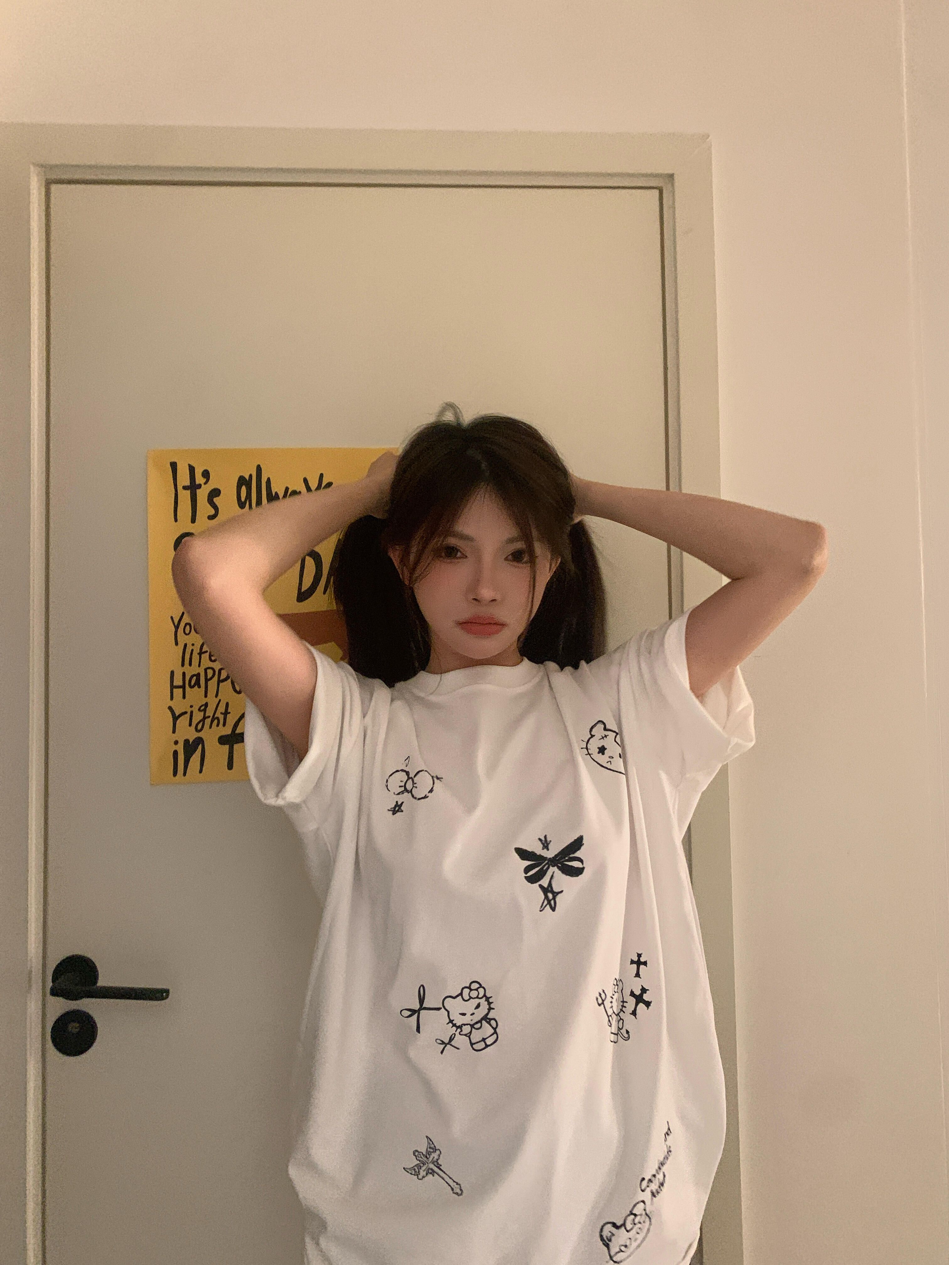 純棉 韓國chic夏季新款韓版寬鬆後包拉肩印花短袖t恤女百搭上衣潮