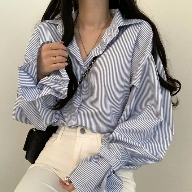 韓國chic法式小眾秋裝設計感細條紋寬鬆襯衫女簡約內搭長袖上衣潮