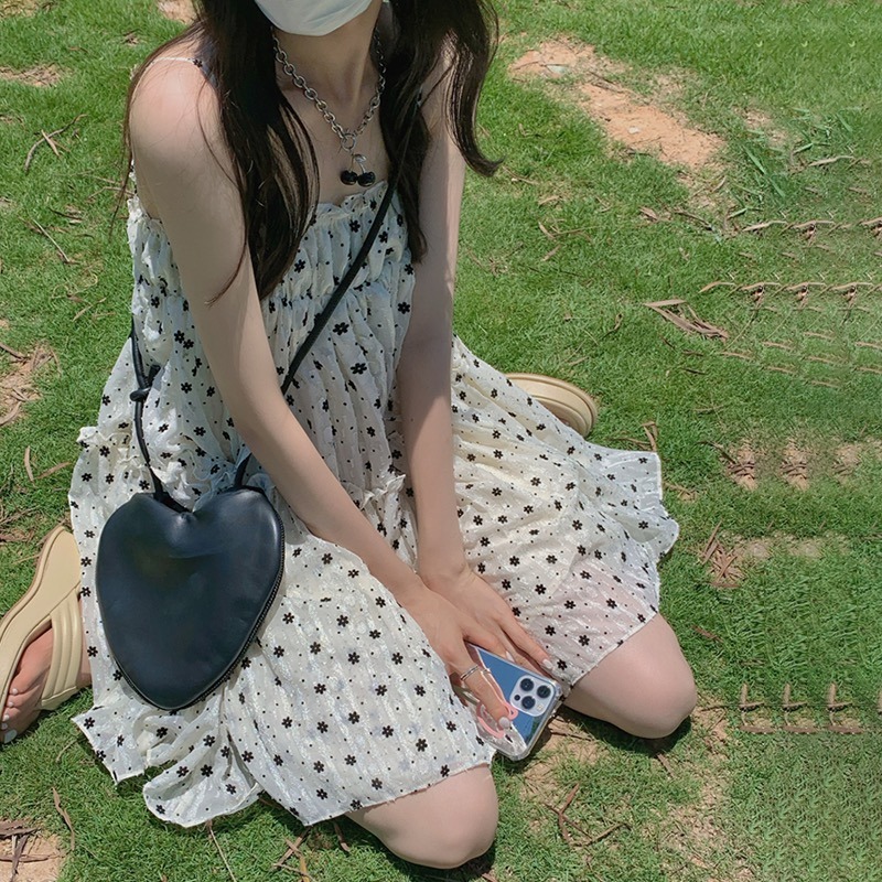 法式溫柔雪紡吊帶連衣裙女新款小個子碎花蓬蓬裙娃娃裙