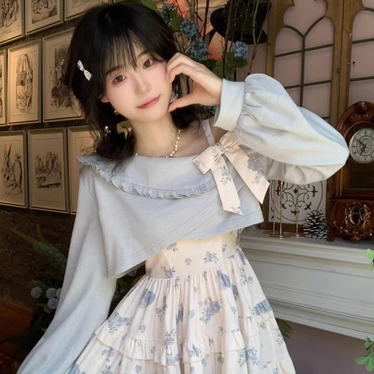 薔薇碎花吊帶裙清新斜肩套裝日系毛衣甜美新款兩件顯瘦蓬蓬連衣裙