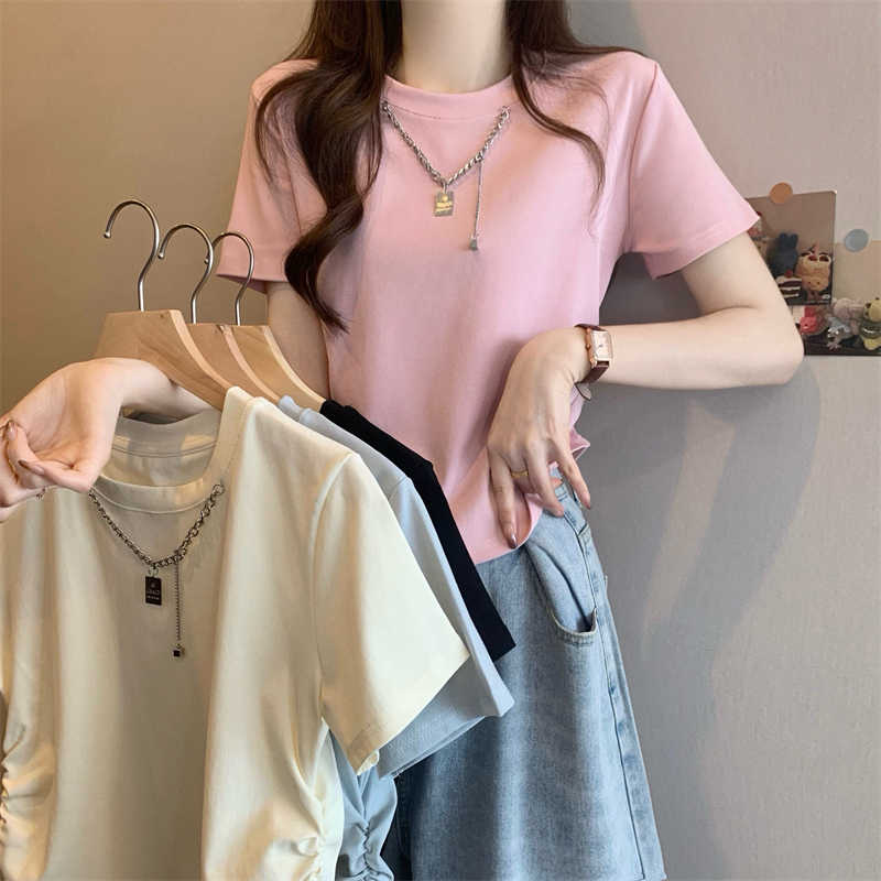 Real shot, new Korean style design, shoulder-length slim short-sleeved T-shirt