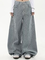 Korean American retro vertical striped wide-leg jeans for women in spring and summer new design high-waist loose scimitar pants