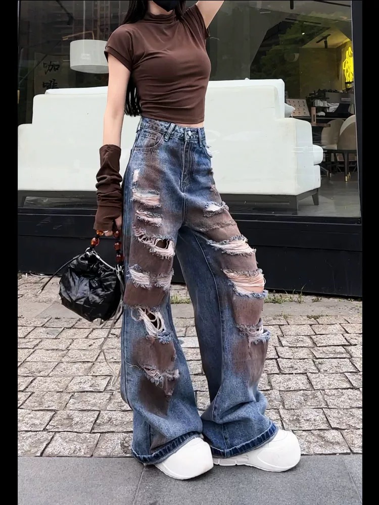 Korean retro washing ripped wide-leg jeans for women in summer new high-waist loose straight floor mopping trousers