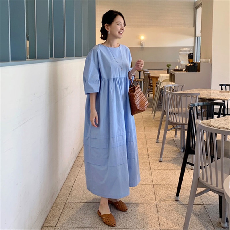 Korean chic summer retro niche simple solid color loose puff sleeve long splicing dress for women