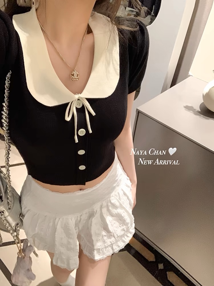 NAYA CHAN 香甜山茶 娃娃領泡泡袖針織衫女夏季短款修身短袖上衣