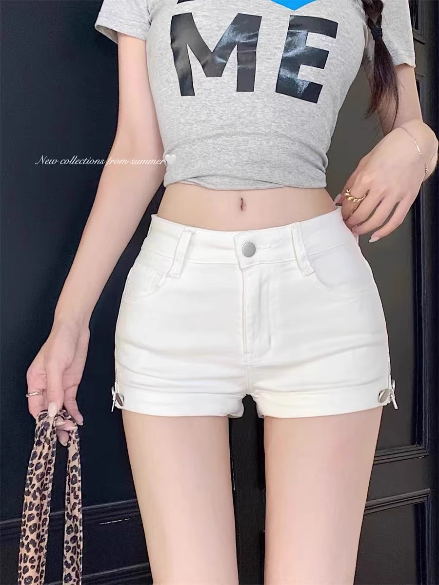 New summer style white zipper straight denim shorts hot girls versatile hip-pack pants to make them look slim and high waist A-line hot pants