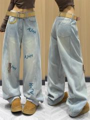 韓國chic美式字母刺繡直筒牛仔褲女春夏設計感小個子高腰寬鬆長褲