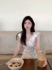 Korean retro floral dress women's summer new style V-neck lace lace waist-hugging long skirt