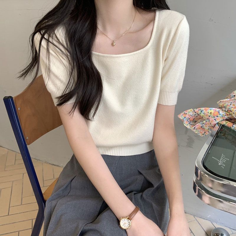 韓系溫柔杏色方領短袖針織衫女夏季小眾設計感小個子短款上衣