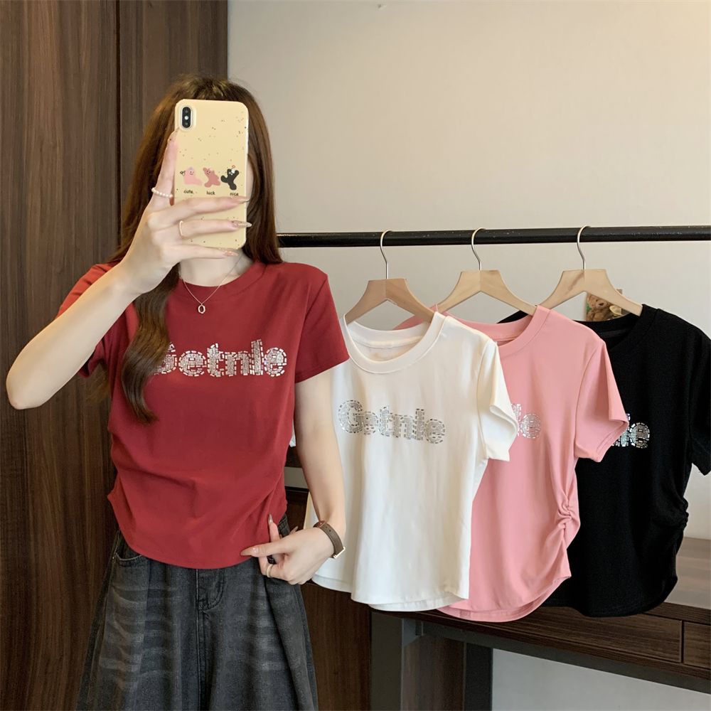 實拍  40支純棉210克92棉/8氨綸短袖T恤女收腰燙鑽