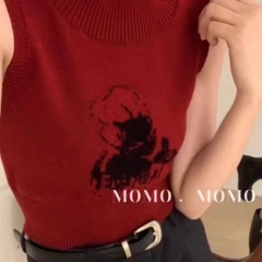 2025年夏季新款設計感人像印花針織背心立領修身短款百搭女上衣潮