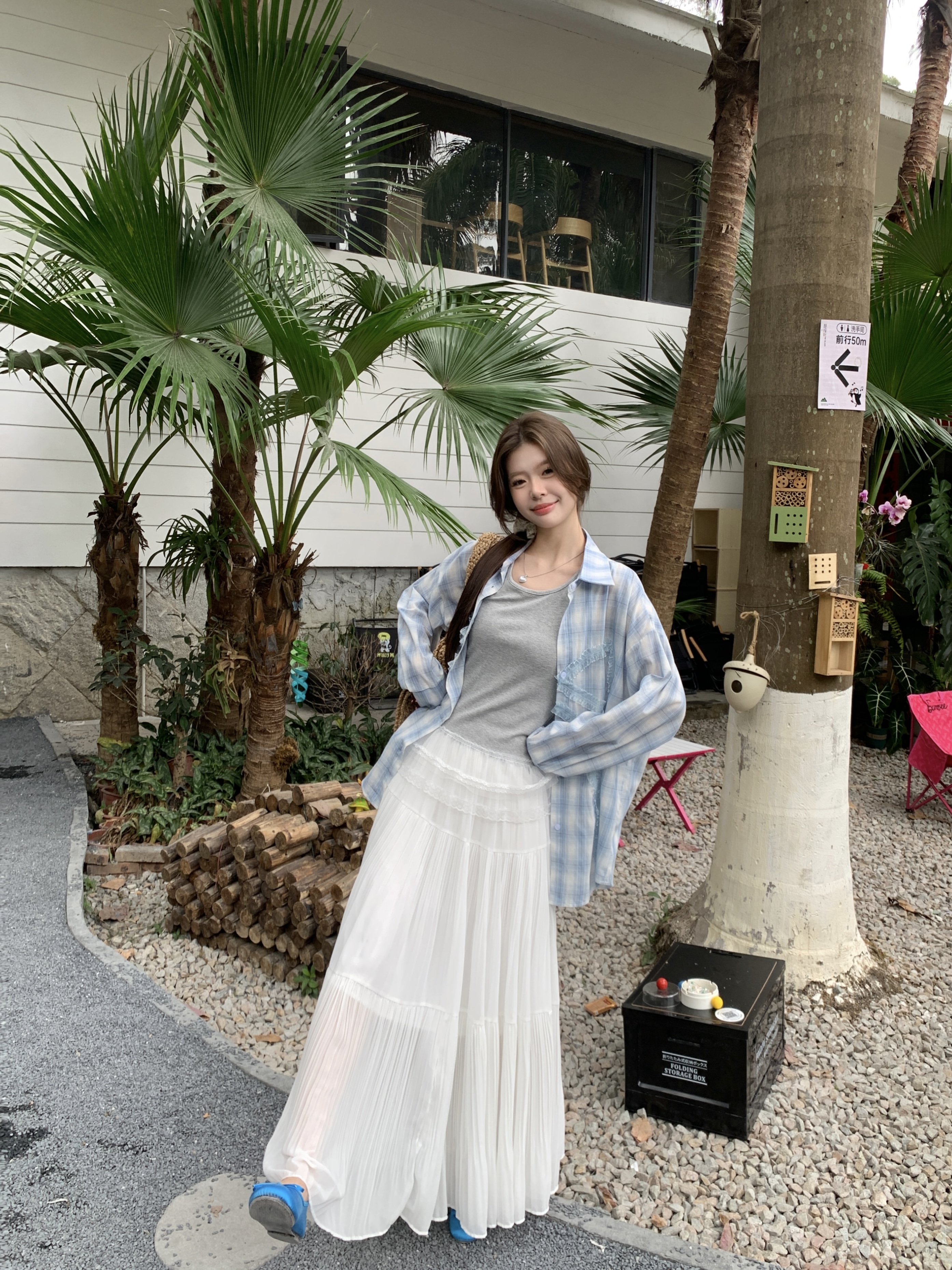 Real photo Korean heavy industry lace spliced ​​plaid shirt vest heavy industry draped pleated skirt