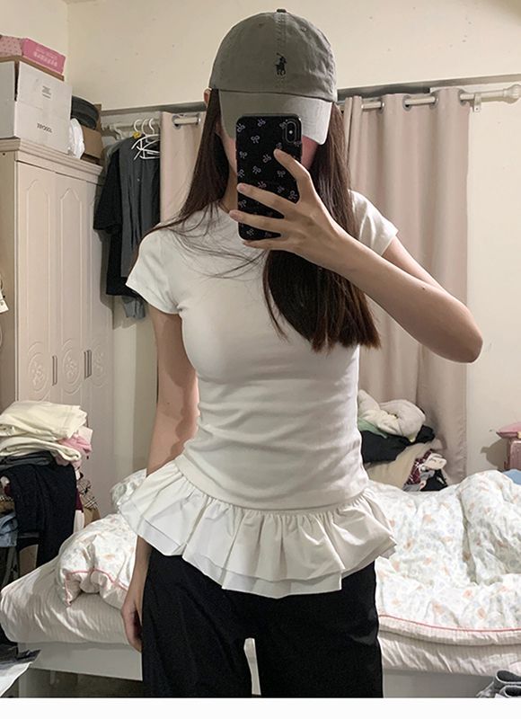 純棉韓國chic夏季新款小眾蓬蓬花邊拼接短袖T恤女圓領修身上衣潮