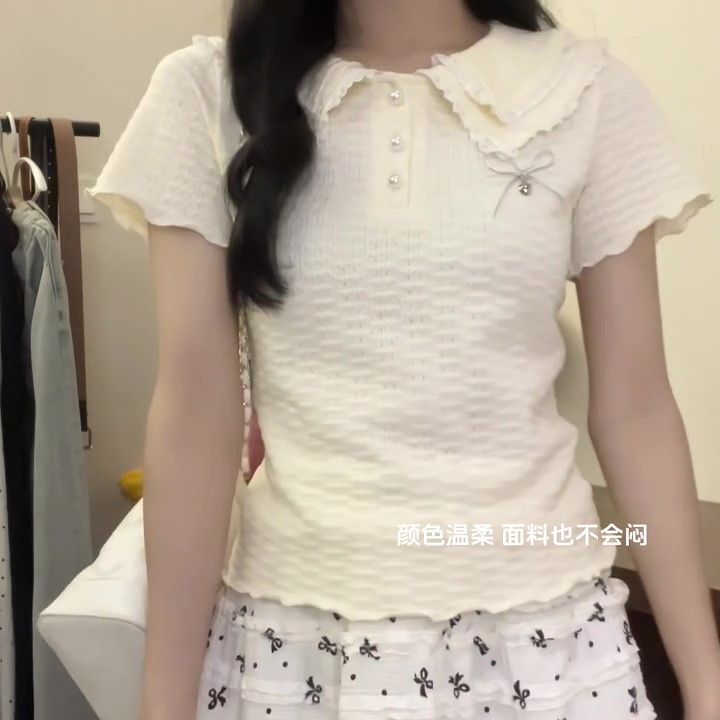 原版做工 廣州原版面料 甜美風娃娃領短袖T恤女