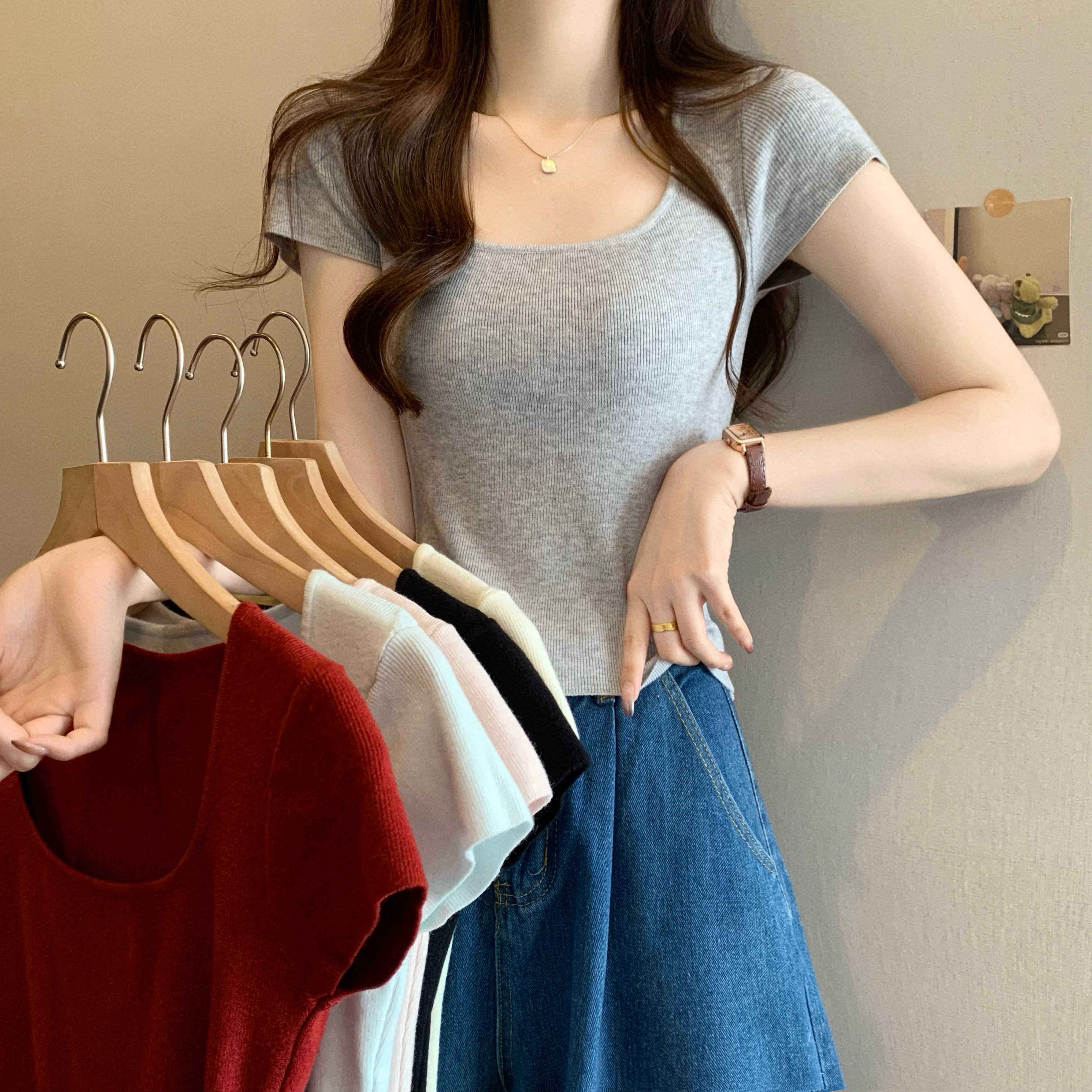 Real shot, new Korean style design, gentle square collar, front shoulder short sleeve short T-shirt