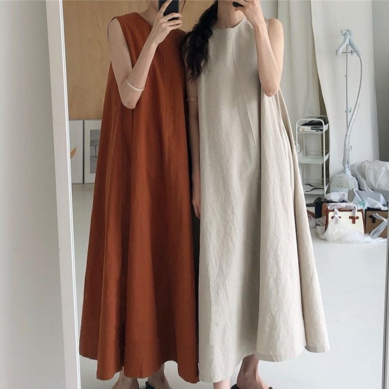 New summer Korean chic style loose big sleeveless long slim dress for women
