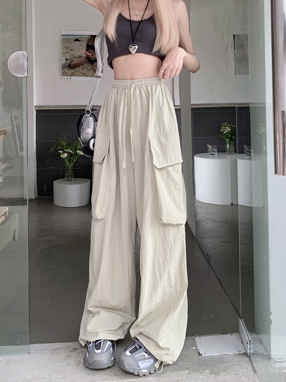 Real shot of retro drawstring large pocket work casual pants high street loose versatile straight wide-leg pants