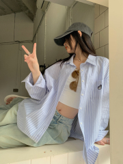 Real photo of blue striped rabbit embroidered loose shirt top